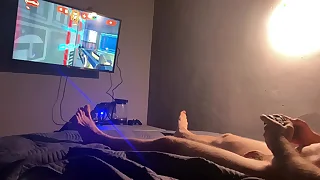 I'm playing a video game and I'm horny! I cum on my chest with a massive loads of cum!